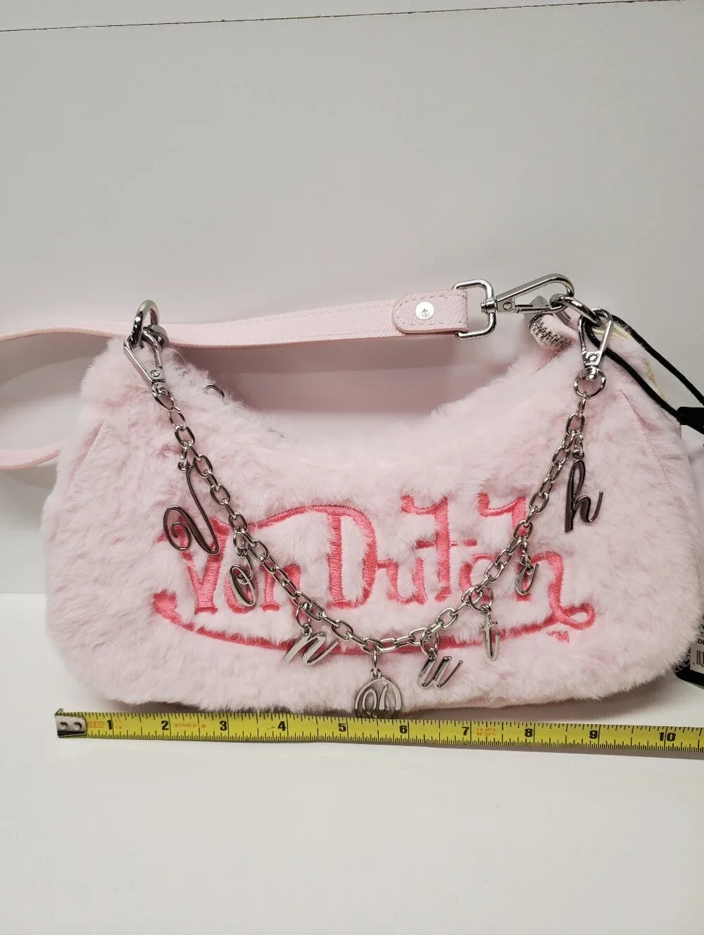 Von Dutch Light Pink Faux Fur Shoulder Bag with Charm Chain